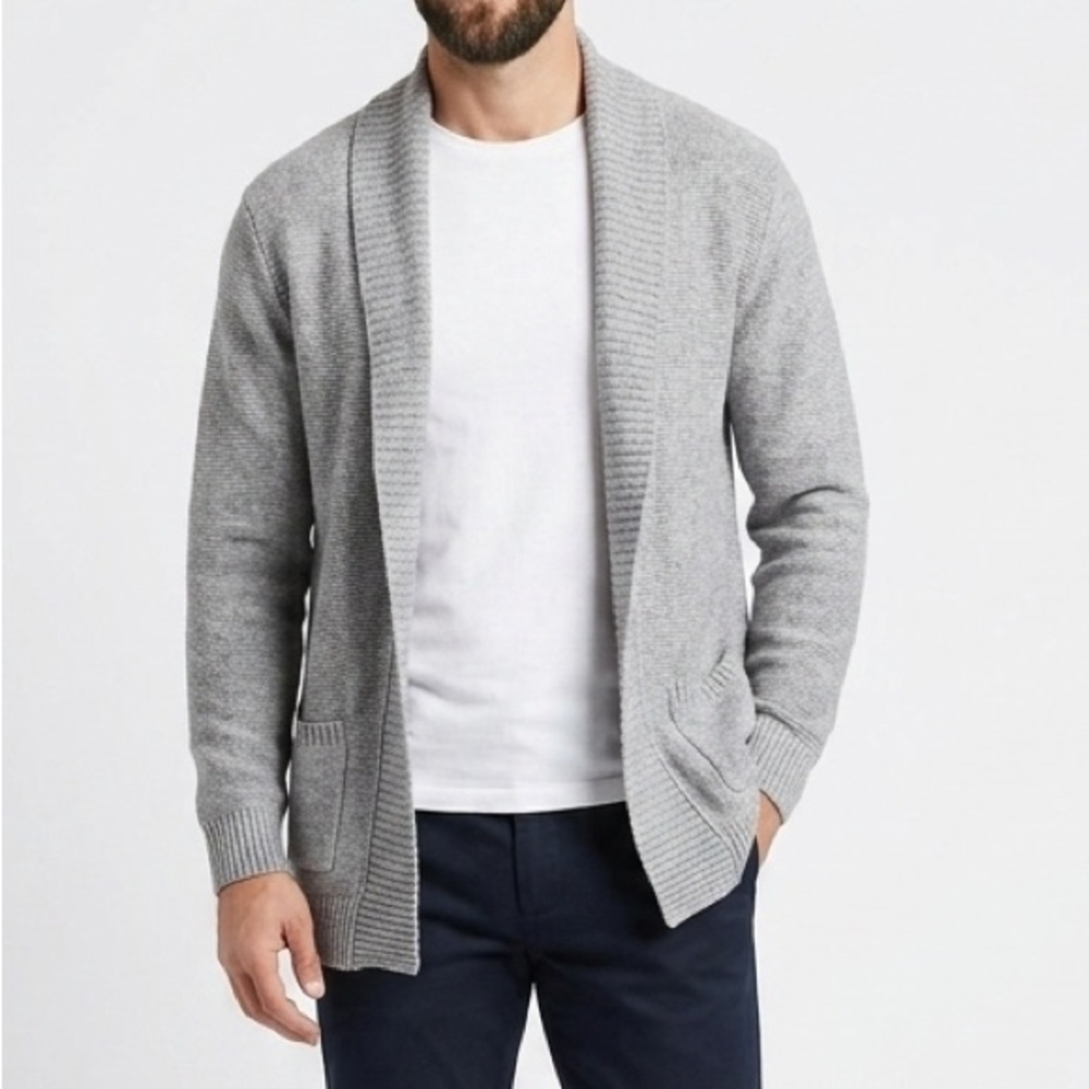 Cotton LE 31 PAR SIMONS Shawl Collar Open Front L/XL Cardigan Grey Knit Sweater
